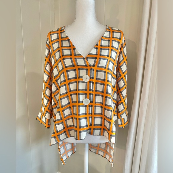 Zara Women Orange & White Checkered Dolman Sleeve High Low V Neck Blouse Tunic - Picture 1 of 5